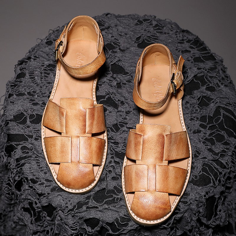 Woven Handmade Leather Sandals for Men Flat Bottom Shoes