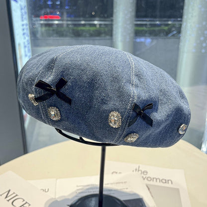 Denim literary rhinestone bow beret women's hat