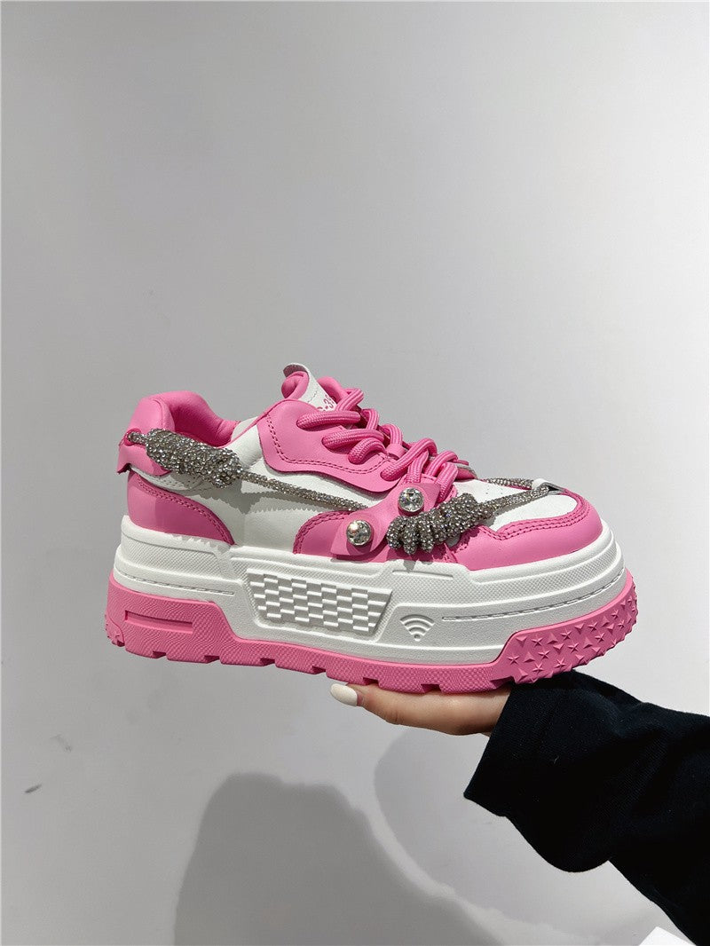 Pink Genuine Leather Rhinestone Women Platform Sneakers