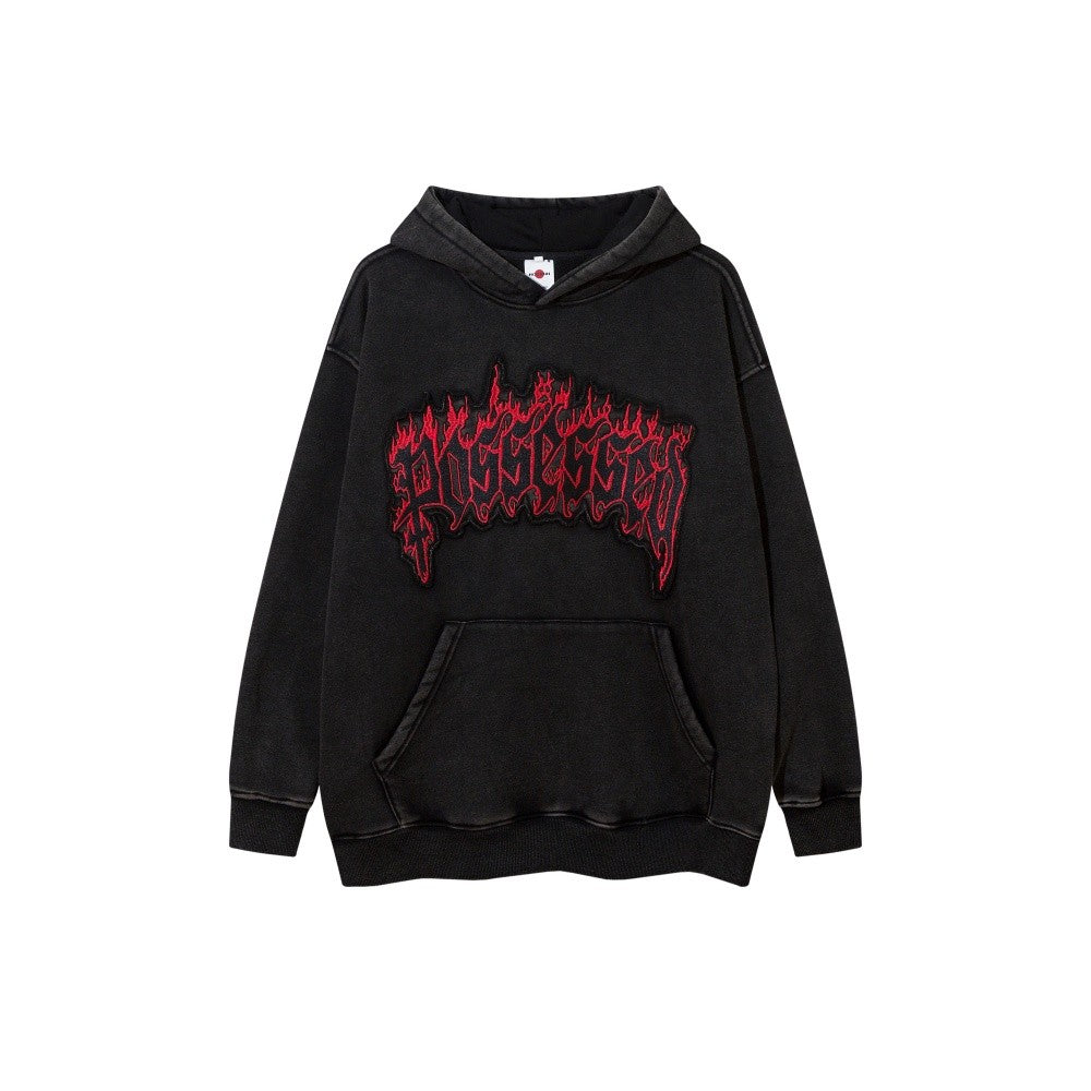 Flame Letter Embroidery Washed Hooded Sweater for Men and Women