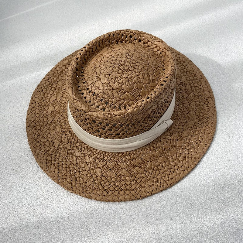 Flat Top Sunscreen Straw Hat Women's Summer Straw Knitted Hat for Beach Travel Hat