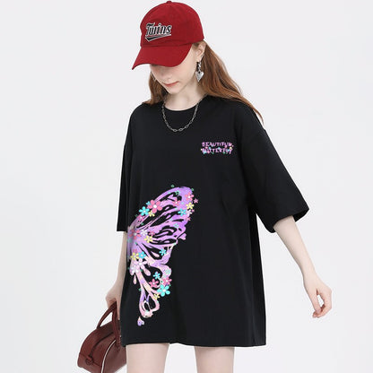 Butterfly print t-shirt for women loose half sleeve trendy