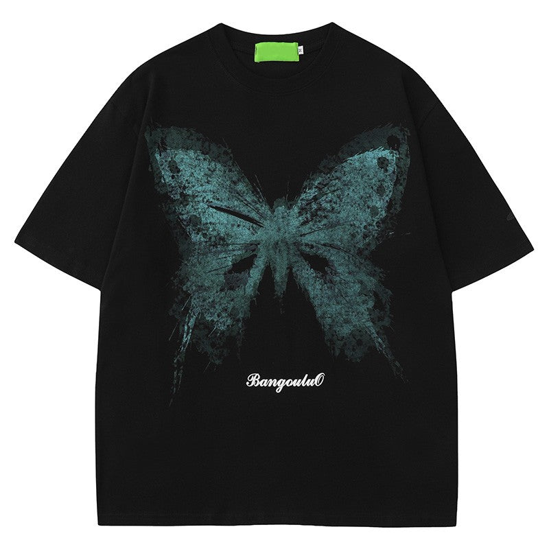 Hight street butterfly short-sleeved T-shirt unisex couple wear loose fit