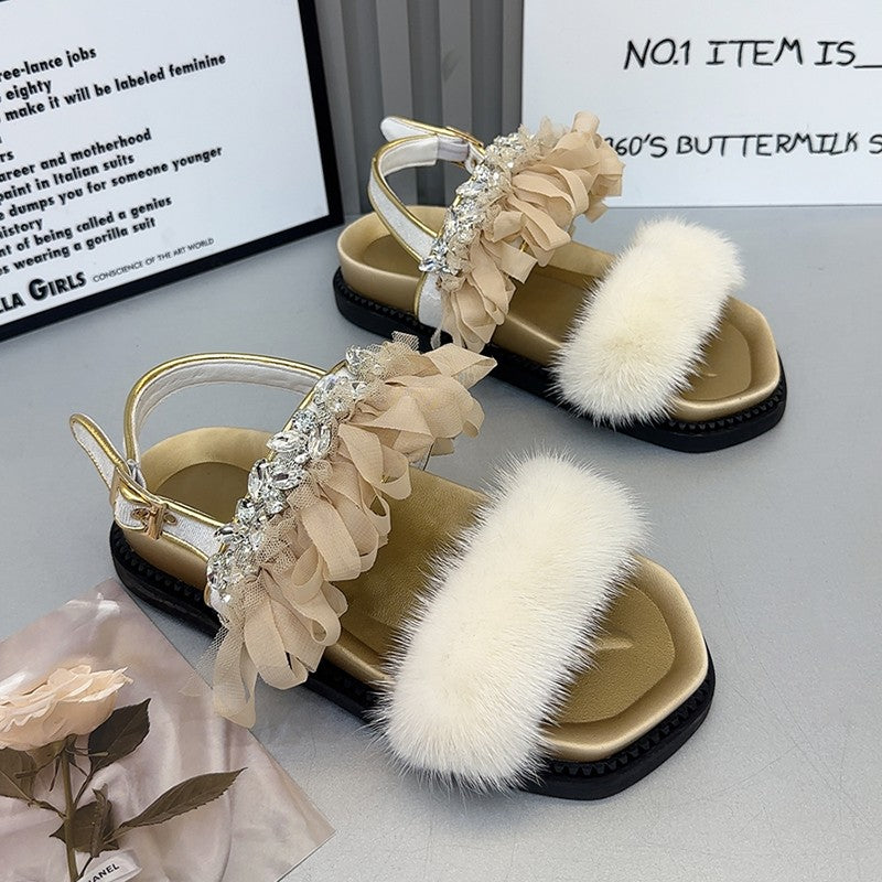 Lace rhinestone mink hair sandals women's summer thick soled shoes