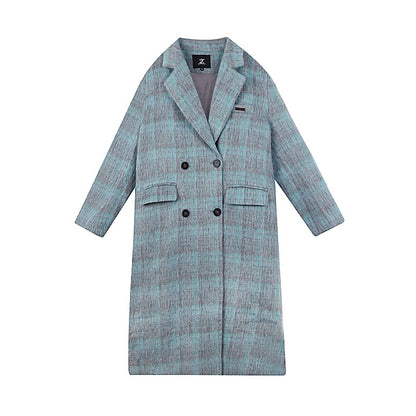 Large size women's elegant  warm blue plaid lapel long coat new