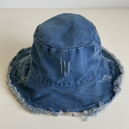 Rough edge denim fisherman hat for women's spring and summer outdoor sunshade hat