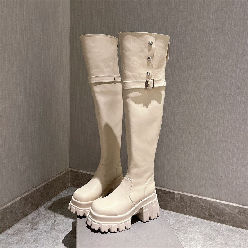 Leather shoe skinny boots, thick heels cotton boots