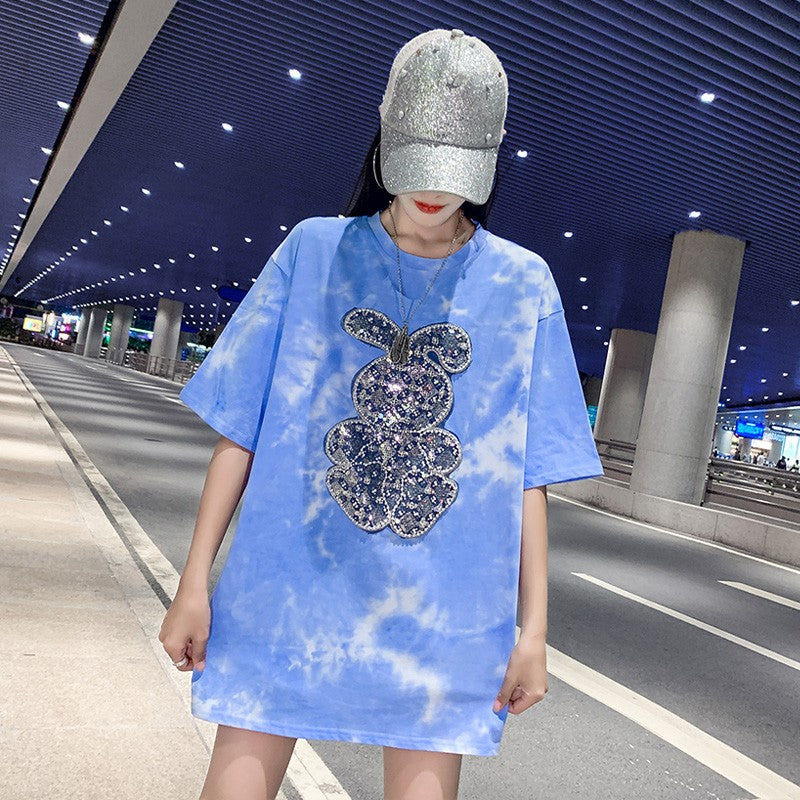 Oversize blue tie dyed loose fit short sleeved t-shirt for women