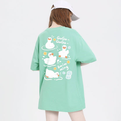 Blue t-shirt women's short-sleeved cartoon print