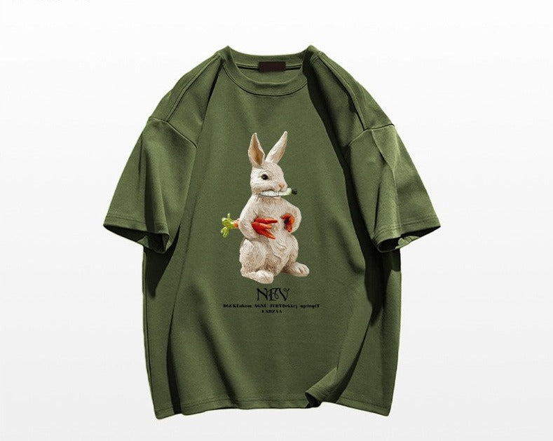 Cartoon rabbit print short sleeved T-shirt for women's summer oversize tee