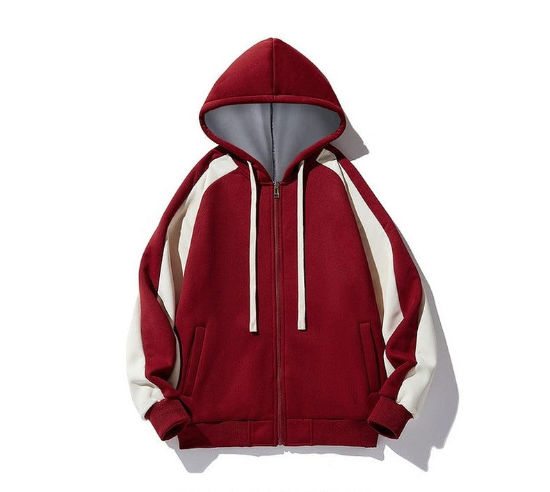 Red retro unisex color splicing cardigan hooded sweatshirt jackets