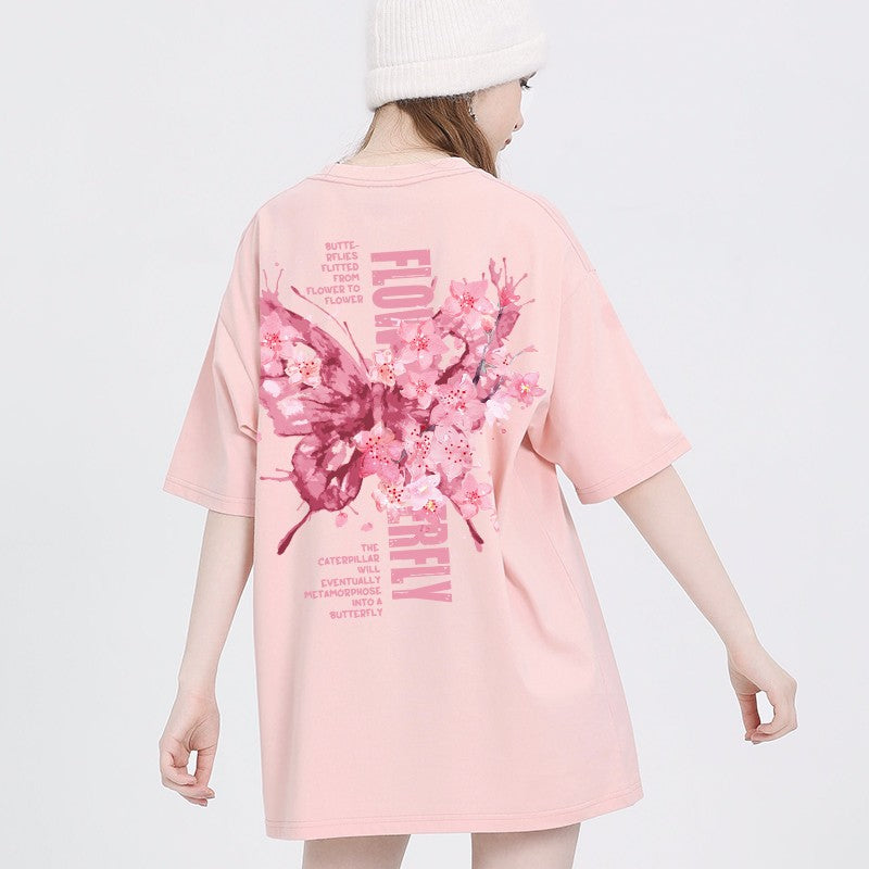 Butterfly print T-shirt women slim top pink