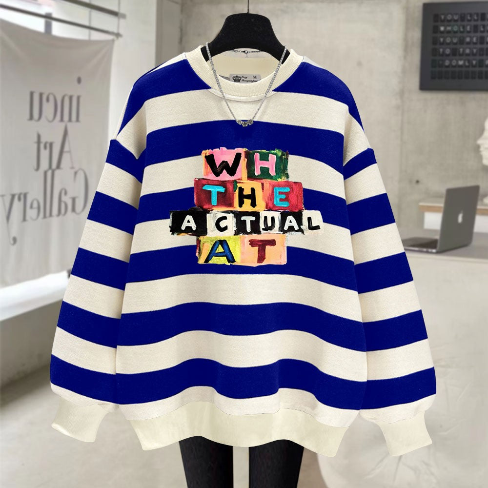 Black and white striped sweatshirt women mid-length top