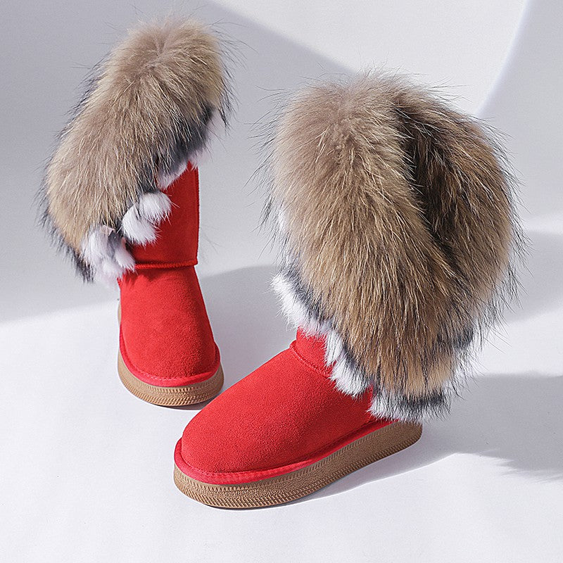 Fur fox fur thick-soled snow boots with inner heightening high-calf boots genuine leather