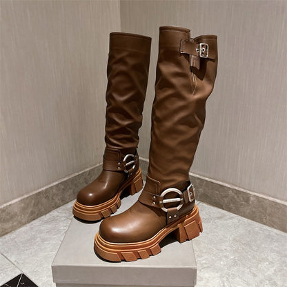 Brown cowboy boots pleated metal buckle knee boots