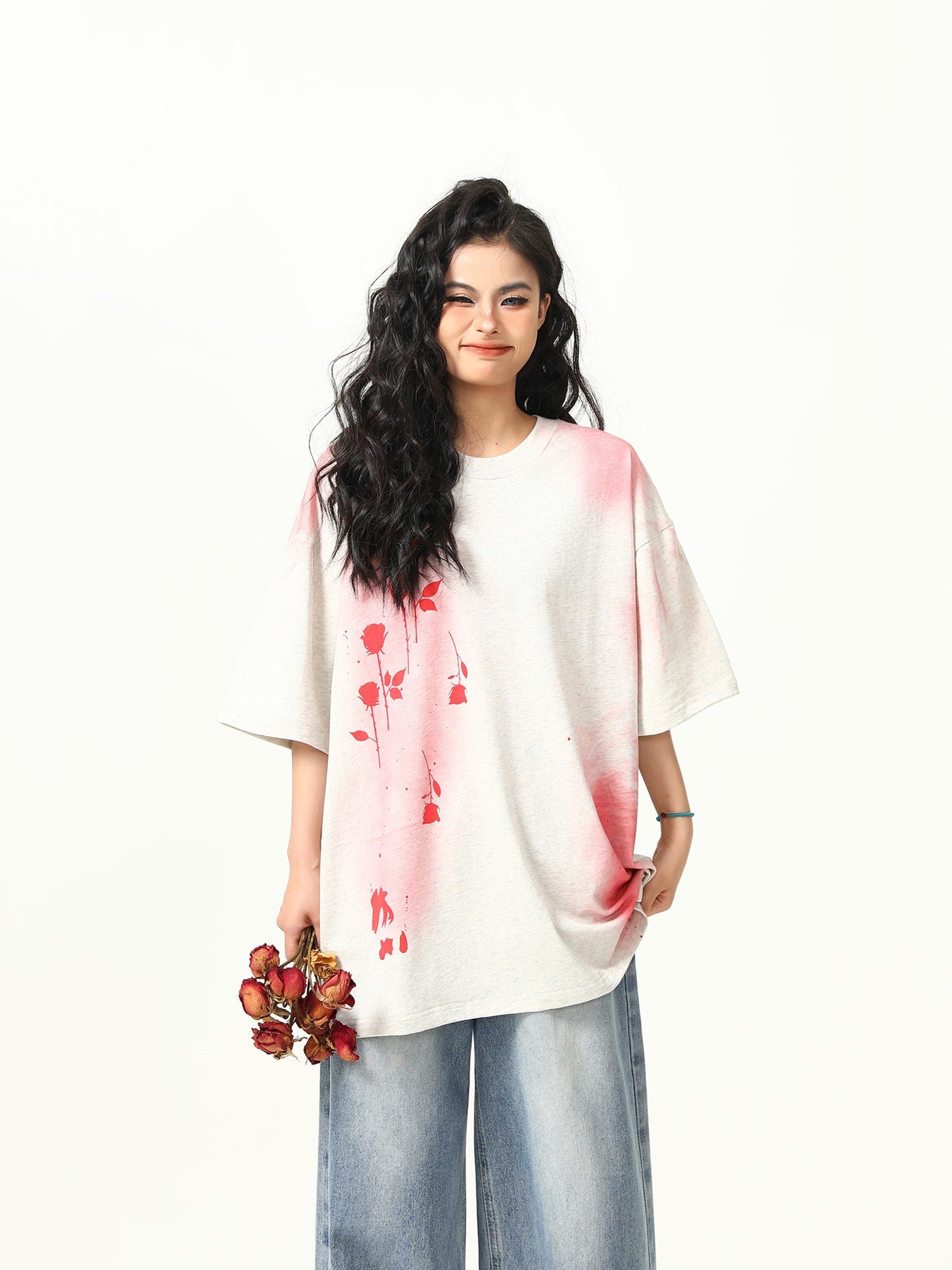 Camicia color spray paint rose print short-sleeved T-shirt female summer tee