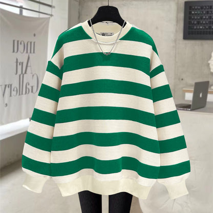 Black and white striped sweatshirt women mid-length top