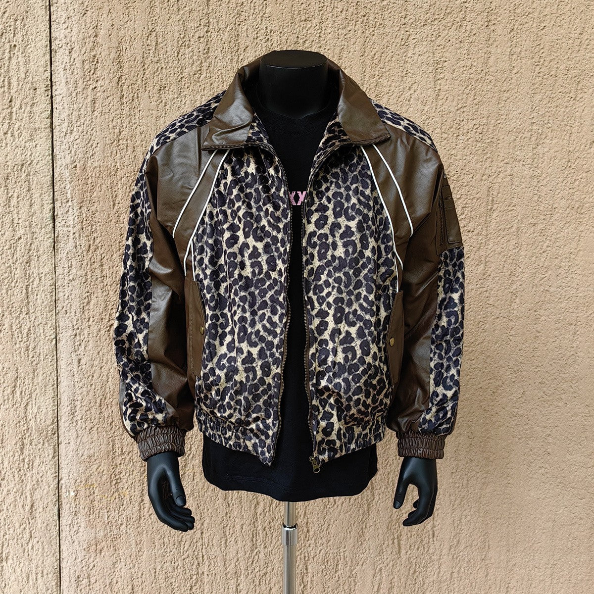 Hochwertige Unisex-Pu-Jacke mit Leopardenmuster, lockerer Kurzmantel