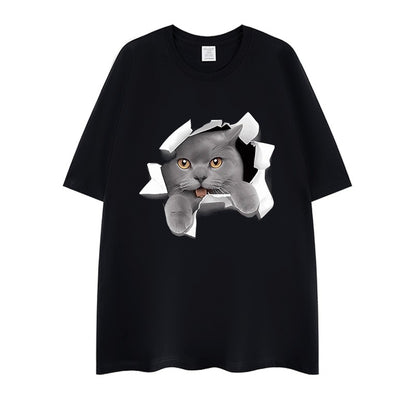 Unisex cat print loose casual oversize heavy cotton t-shirt round neck