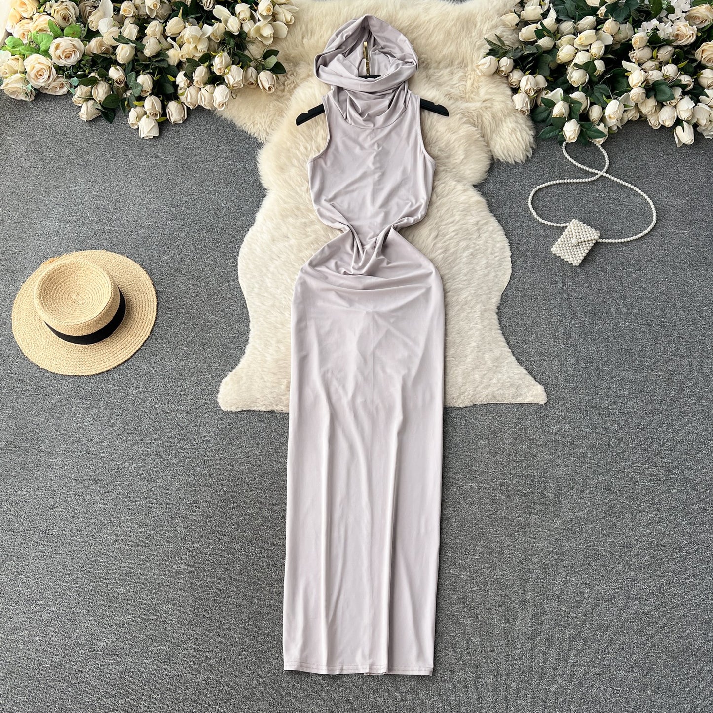 Long straight dress hooded sleeveless female tight slim dress