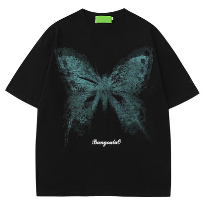 Hight street butterfly short-sleeved T-shirt unisex couple wear loose fit