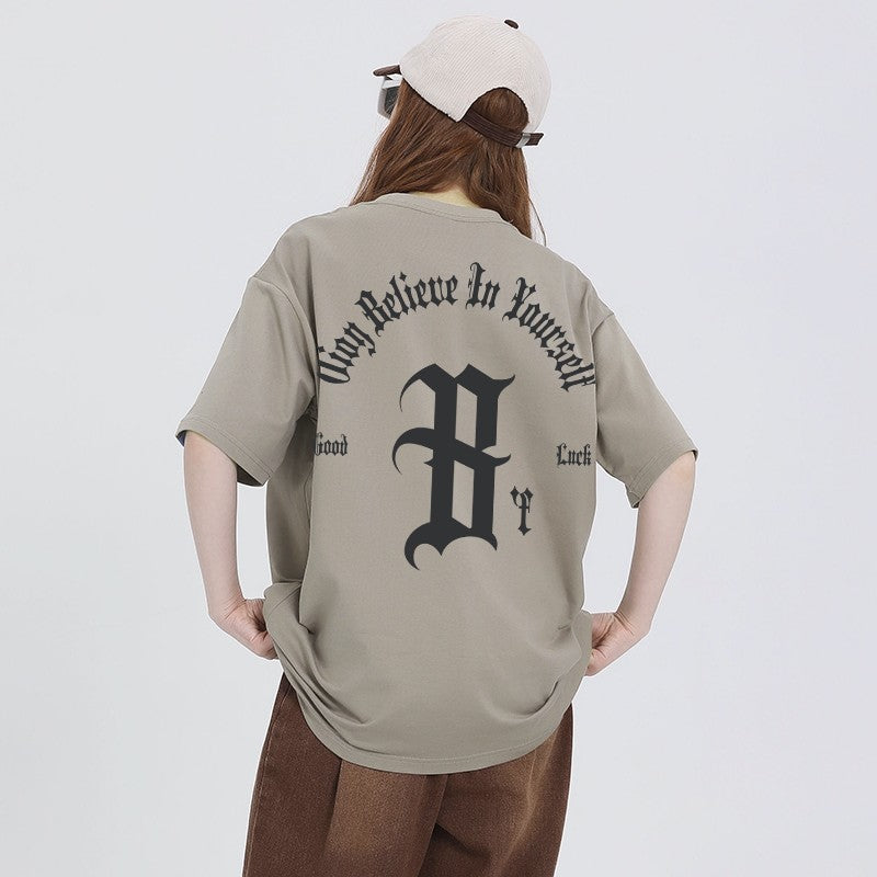 Brown oversize short-sleeved gothic letter t-shirt for women