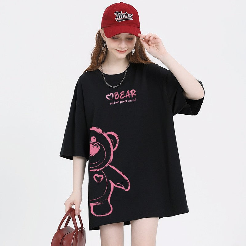 Bear cartoon print t-shirt short-sleeved