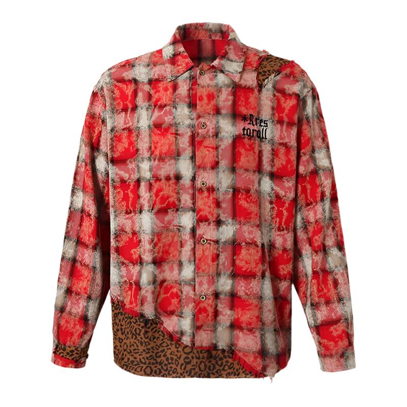 Men plaid leopard print long-sleeved shirt top