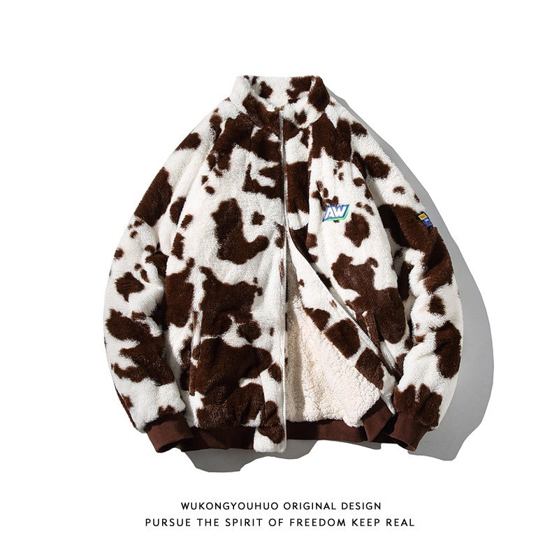 Cow pattern lamb fleece stand collar cotton jacket men and women winter loose couple cotton jacket