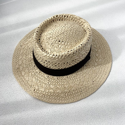 Flat Top Sunscreen Straw Hat Women's Summer Straw Knitted Hat for Beach Travel Hat