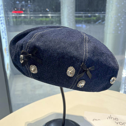 Denim literary rhinestone bow beret women's hat