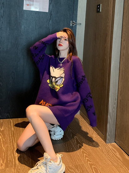 Purple duck cartoon outerwear knit sweater