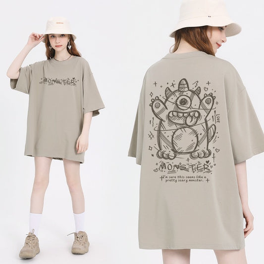 Little Monster T-shirt Women's Short sleeved Coffee Color Pure Cotton Loose Top