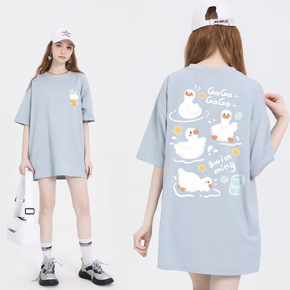 Blue t-shirt women's short-sleeved cartoon print