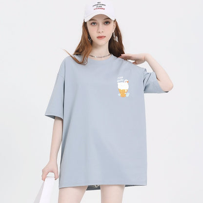 Blue t-shirt women's short-sleeved cartoon print