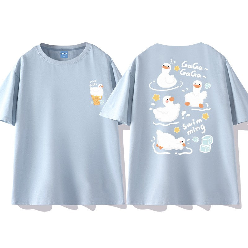 Blue t-shirt women's short-sleeved cartoon print