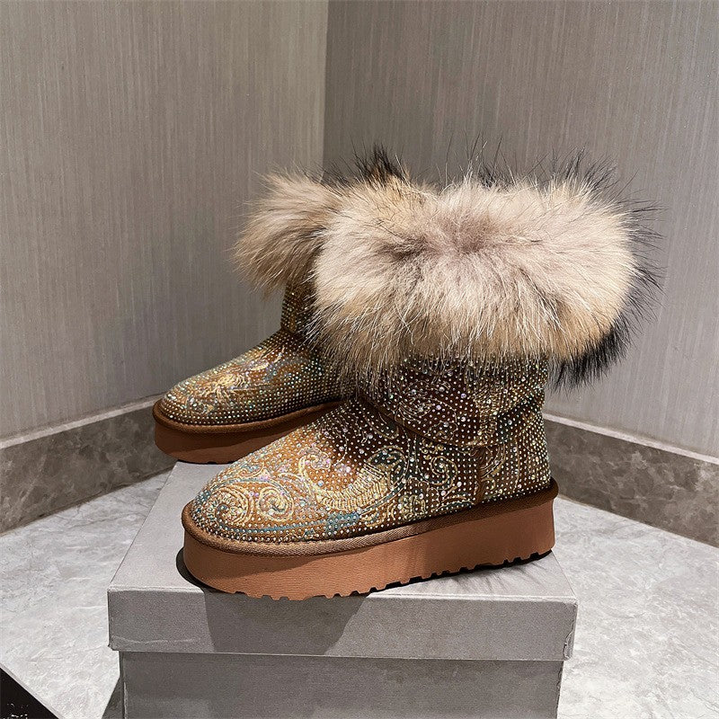 Rhinestone Full Diamond Fox Fur Shoes Snow Cotton Boots