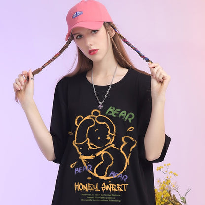 Black t-shirt women's short sleeved new cartoon print loose top T-shirt