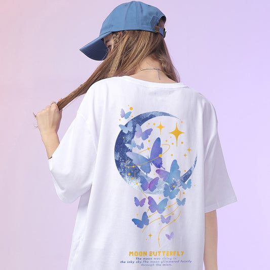 Camicia Butterfly Print T-shirt Women's Short Sleeve White Top Summer Versatile top