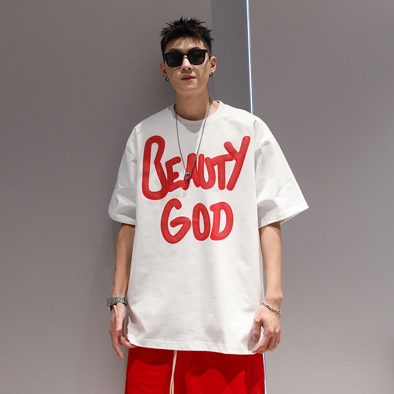 White letter oversize printing heavy cotton short-sleeved men's T-shirt