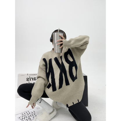 Heavy torn round neck sweater thickened lazy couple knitted tops for men an women