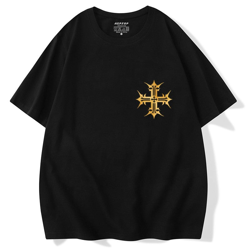 Graphic ethnic t-shirt cross gold-plated unisex wear