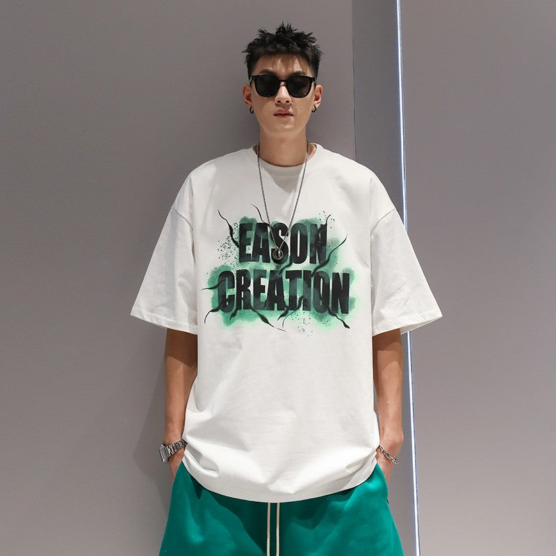 Summer new men's printed letter short-sleeved unisex pure cotton casual oversize T-shirt