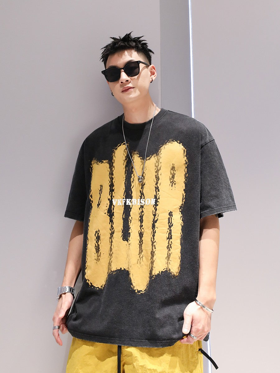 Yellow art oversize unisex t-shirts washed men's T-shirt couple summer wear