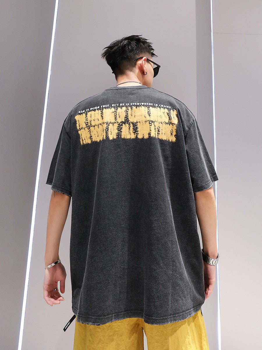 Yellow art oversize unisex t-shirts washed men's T-shirt couple summer wear