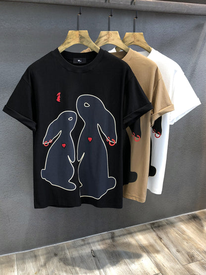 T-shirt men's couple wear rabbit graphic print retro t-shirt half-sleeved summer wear