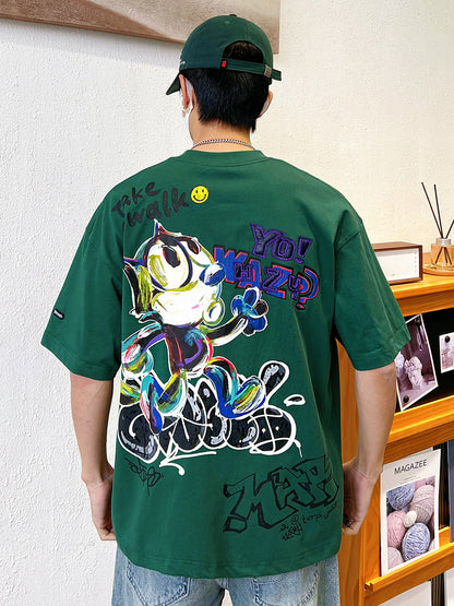 High-end oversize brand cartoon graffiti heavy short-sleeved T-shirt