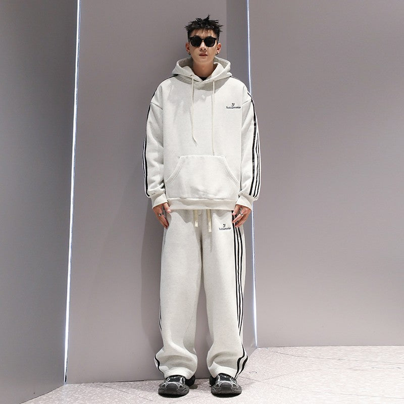 Three stripe embroidery unisex sports suit men's winter fashion hooded long pants set