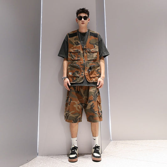 Camouflage mesh splicing men's summer trendy casual sleeveless vest and shorts trousers