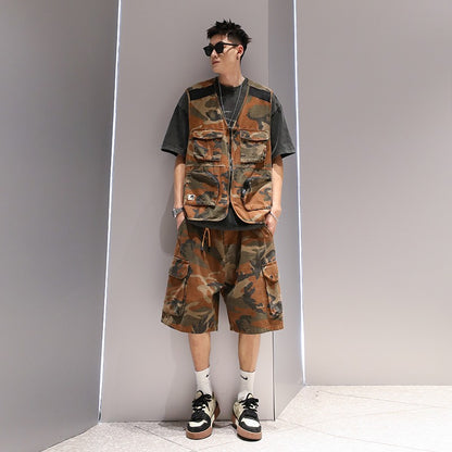 Camouflage mesh splicing men's summer trendy casual sleeveless vest and shorts trousers